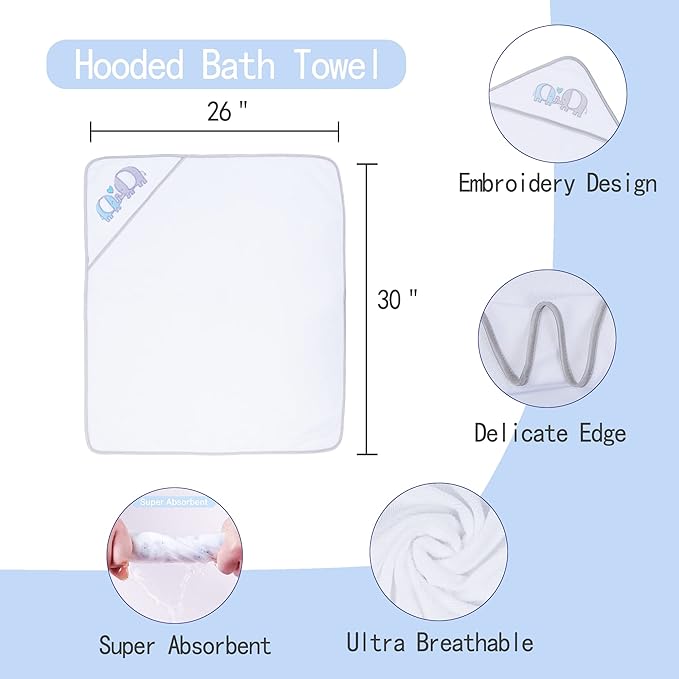 Viviland Baby Towels and Washcloths, Soft Absorbent Baby Bath Towel Set, Elephant Hooded Towels with 5 Infant Face Washcloths (6 Pieces)