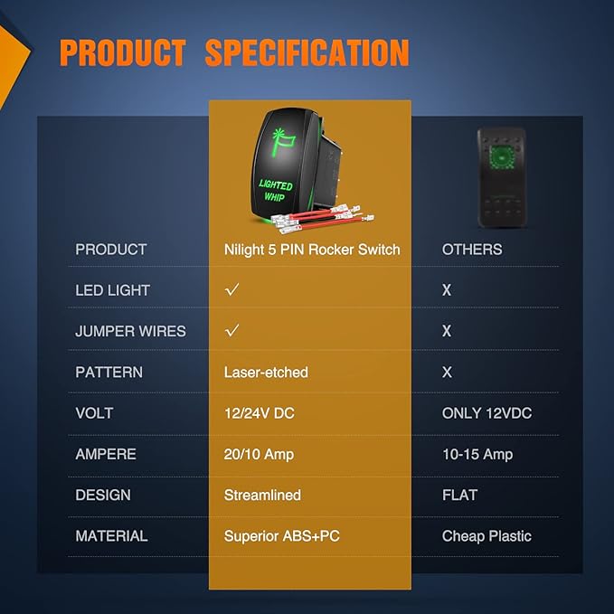 Nilight Lighted Whip Rocker Switch Led Light Bar 5Pin Laser On Off SPST switches 20A/12V 10A/24V Green with Jumper Wires Set for Cars Trucks RVs