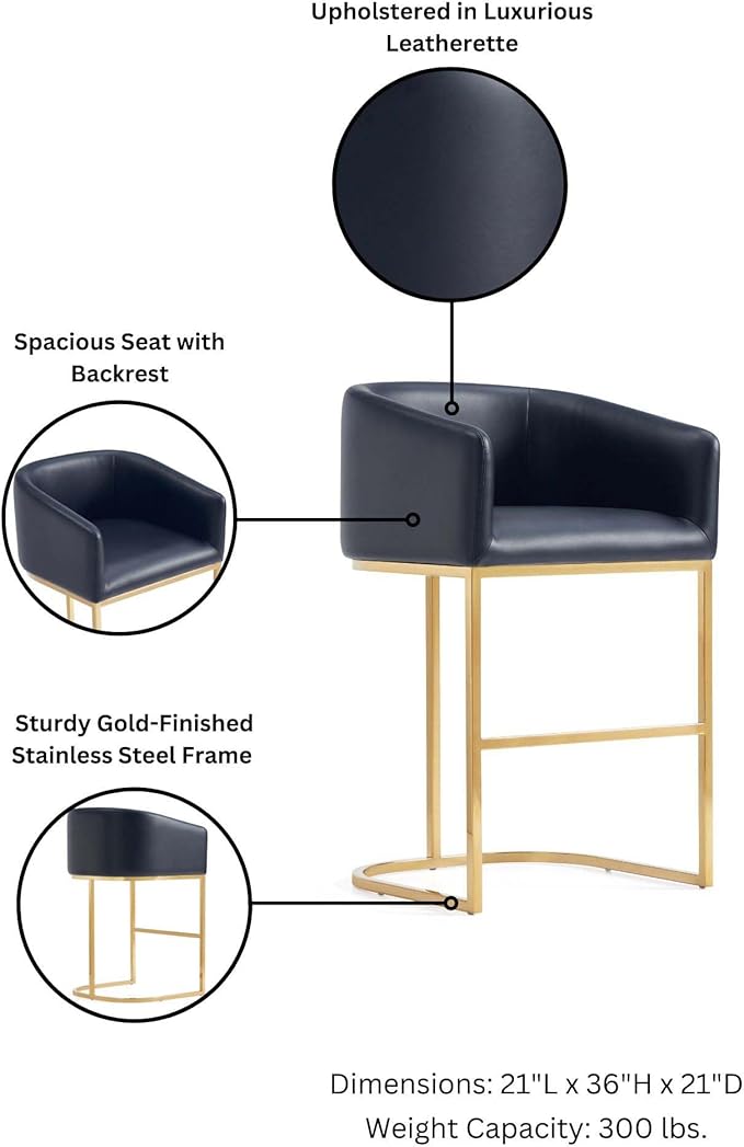 Manhattan Comfort Louvre 26 Inch Mid Century Modern Counter Height Bar Stools - Elegant Faux Leather Padded Seat, Stainless Steel Base with Footrest, Fully Assembled Barstools, Set of 2, Black & Gold