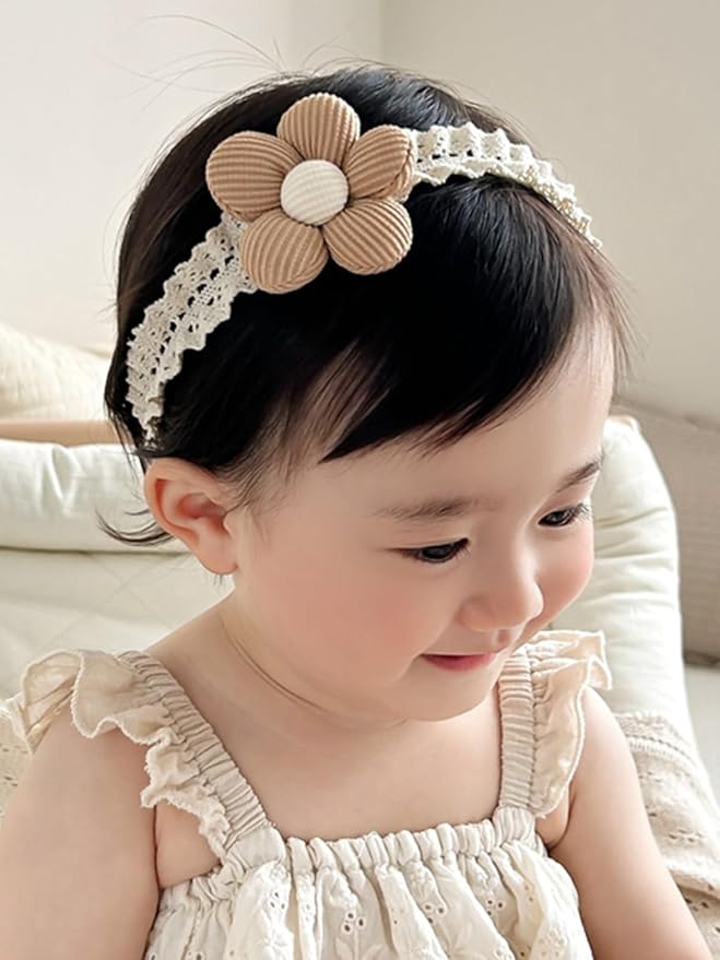 Baby Girls Hairbands Lace Flowers Headband Handmade Soft Stretchy Colorful Flower Hairband Newborn Headbands with Pearls Elastic Hairbands for Infant Head Band (Brown Flowers)
