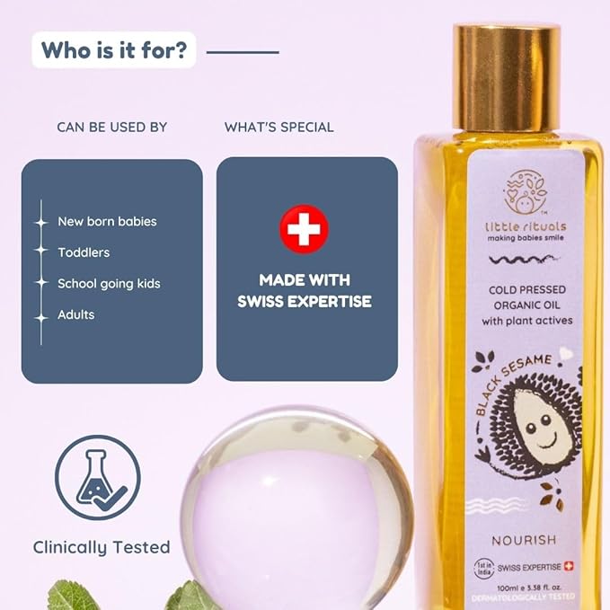 Little Rituals Black Sesame - Baby Massage Oil Certified Organic, Wood Cold-Pressed for Skin and Hair with Swiss Plant Actives - Dermatologist Tested by Pediatrics, Mild & Gentle & Safe (100 ML)