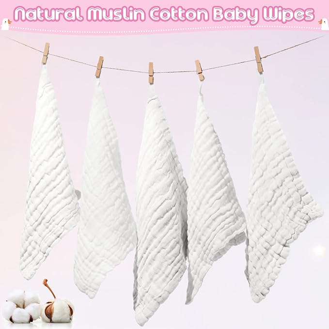 Breling 20 Pcs Baby Muslin Washcloth 12 x 12 Inch 100% Cotton Soft and Absorbent Muslin Washcloth Burp Cloth Wipe Newborn Face Towel for Baby Boy Girl Sensitive Skin(White)