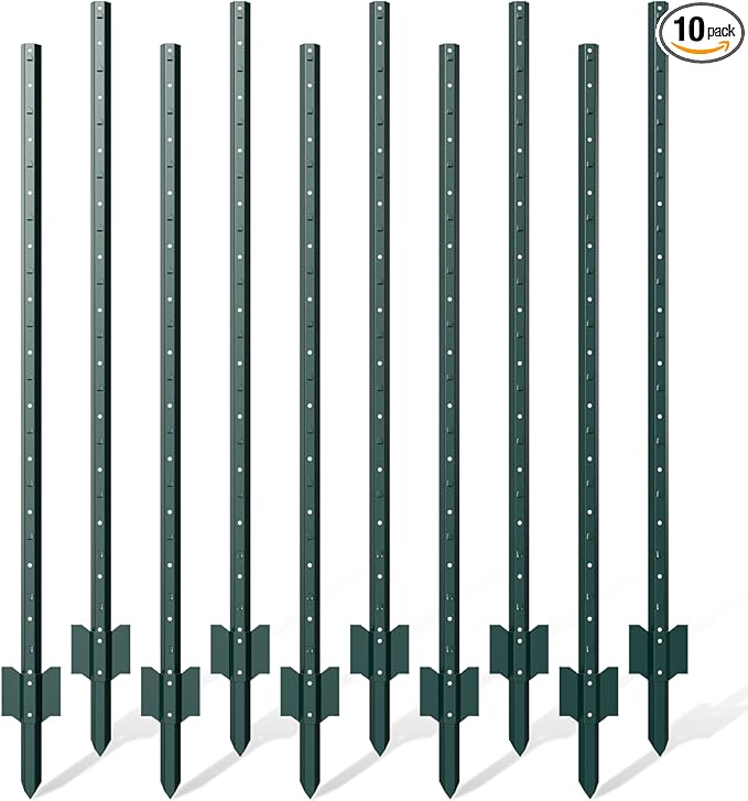 10 Pack Metal Fence Post, 7 Feet Heavy Duty Garden with U-Post, No Dig Garden Fence Stakes for Temporary Fencing, Corner Anchor