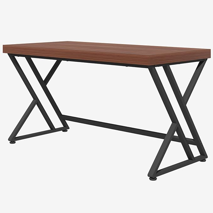 LVB Wood Computer Desk, Rustic Executive Home Office Desk for Bedroom, Industrial Metal Wooden Computer Table for Study Writing Work, Modern PC Student Simple Gaming Desk with Storage, 55 Inch, Walnut