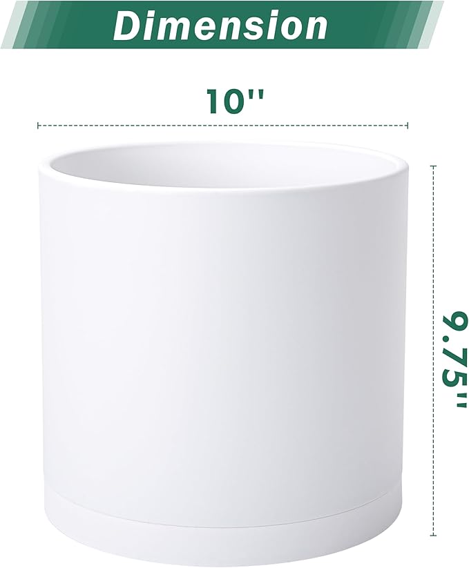 D'vine Dev 2 Pack 10 Inch Modern Plastic Plant Pots, Cylindrical Garden Planters for Plants with Drainage Holes and Saucers, White, 74-Z-N-1