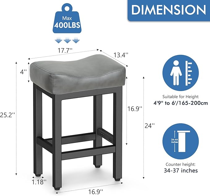 Counter Height Bar Stools Set of 3, 24 Inch Barstools for Kitchen Island Counter, Bonded Leather Kitchen Stools with Thick Saddle Seats & Heavy Duty Metal Base, Easy Assembly, Gray/Black