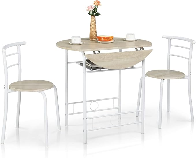 VINGLI 31.5" Drop Leaf Dining Table 3 Pieces for Small Space,Small Kitchen Table Set for 2,Round Folding Table with 2 Chairs for Home,Kitchen,Apartment,White&Oak