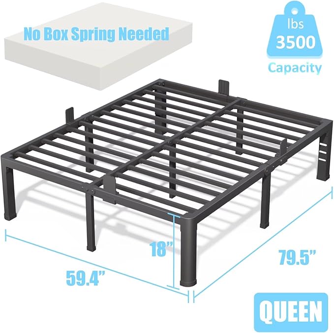 FUIOBYVV 18 Inch Queen Bed Frame with Rounded Corner and Headboard Hole Mattress Retainers 3500 LBS Metal Heavy Duty Steel Slats Support No Box Spring Needed Platform Noise Free Easy Assembly