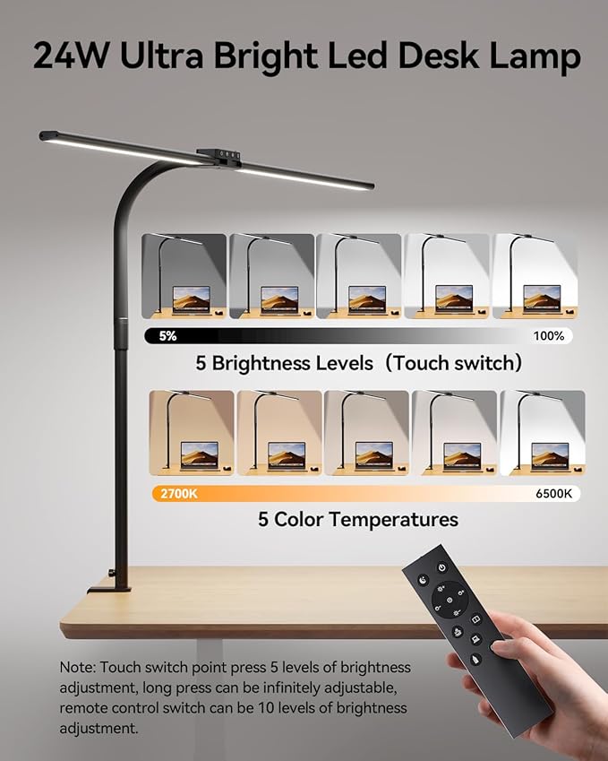 LED Desk Lamp for Home Office - 24W Eye-Caring Architect Clamp Light for Dual Monitors, Bright Task Light with USB Port, Touch Dimming, 5 Colors & 50 Modes, Flexible Gooseneck for Read, Study, Craft