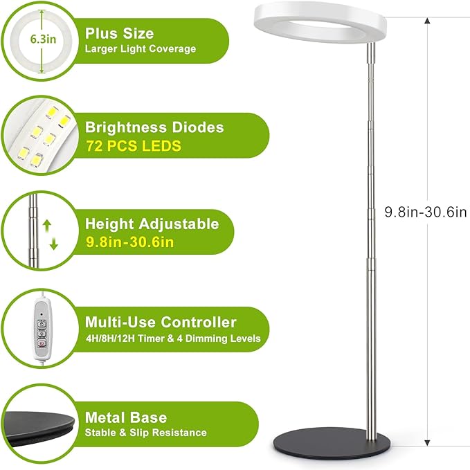 LORDEM Grow Light, LED Plant Light for Indoor Plants Growing, Full Spectrum Desk Growth Lamp with Automatic Timer for 4H/8H/12H, 4 Dimmable Levels, Height Adjustable 9.8"-30.6"