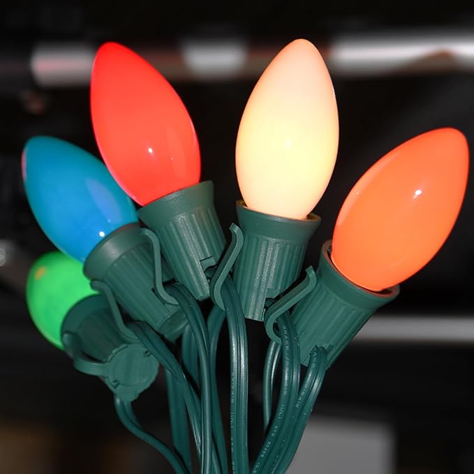 SUNSGNE 25Ft Christmas Lights Outdoor, C9 Multicolor Christmas Lights with 26 Colored Ceramic Incandescent Bulbs for Holiday, Xmas, Roofline, Wedding- Green Wire
