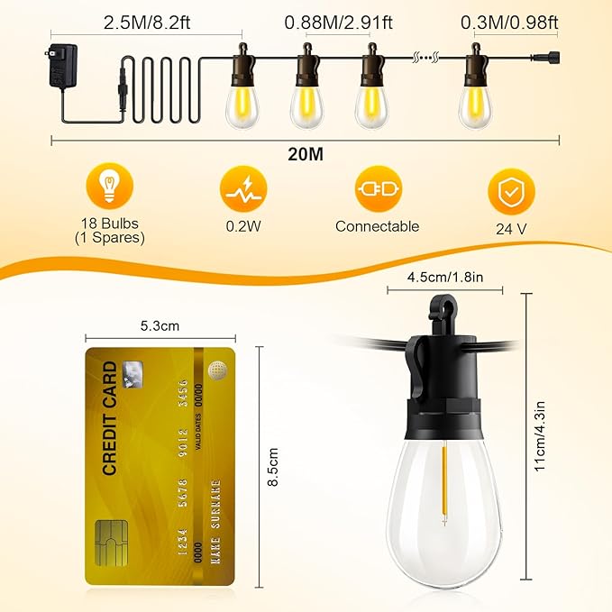 Outdoor String Lights Patio LED Light Outside - 20M 18+1 S14 LED with Remote Control 65ft Porch Lighting IP65 Waterproof