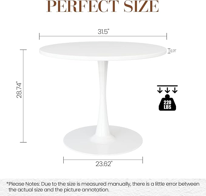 DKLGG White Round Dining Table, 31.5" Tulip Kitchen Dining Table for 2-4 People with MDF Table Top & Pedestal Base, Modern Minimalist Design