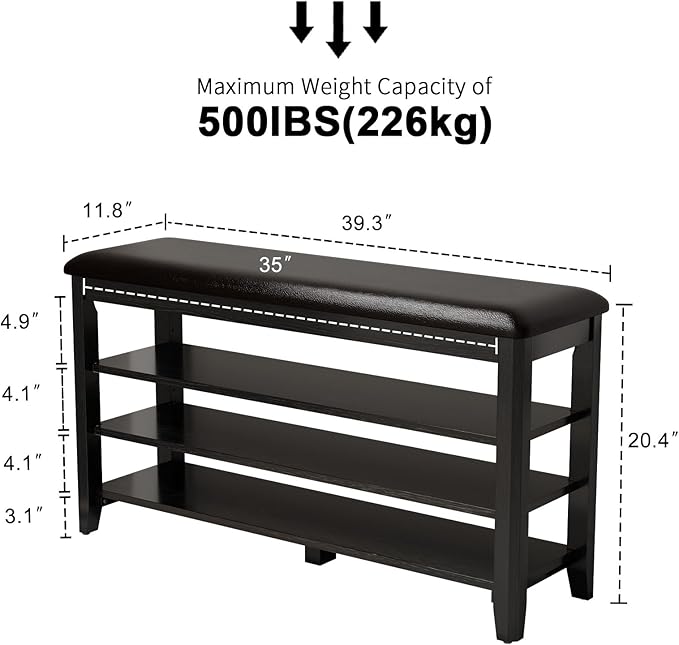 Shoe Bench with Leather Cushion, 3 Tiers Shoe Storage Bench Height Adjustable, Walnut Wood Entryway Bench for Hallway, Mudroom
