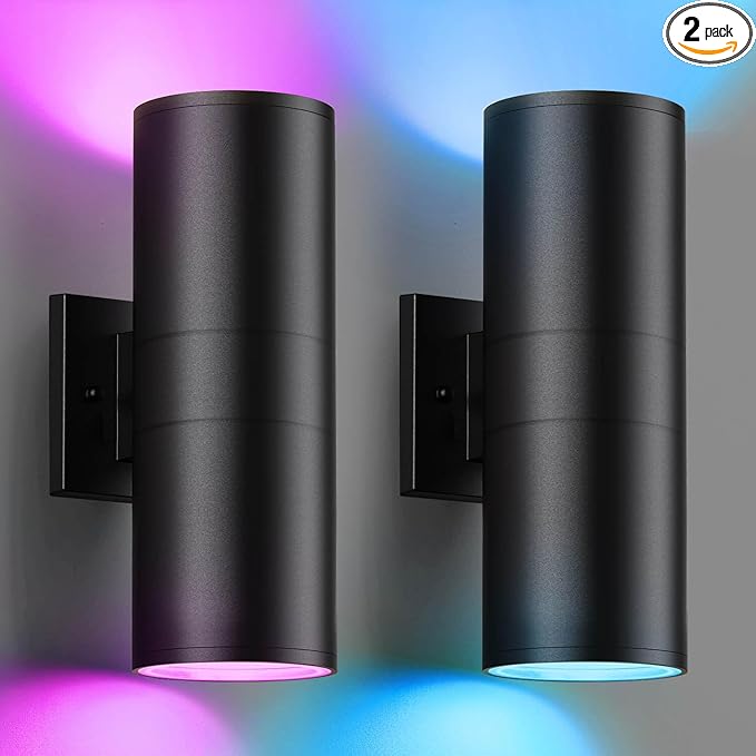 SHIMR Modern Outdoor Wall Lights Color Changing 2 Pack, RGBCW Smart Outdoor Lights Ambiance Sconce with Remote Control, Black Aluminum Exterior Lighting Fixtures Up and Down Lights [ETL Listed]