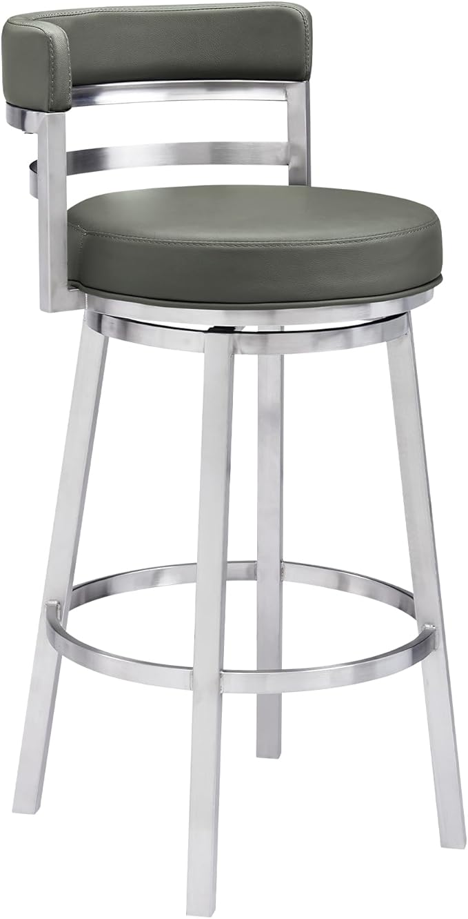 Armen Living Titana 30" Bar Height Swivel Grey Faux Leather and Brushed Stainless Steel Bar Stool