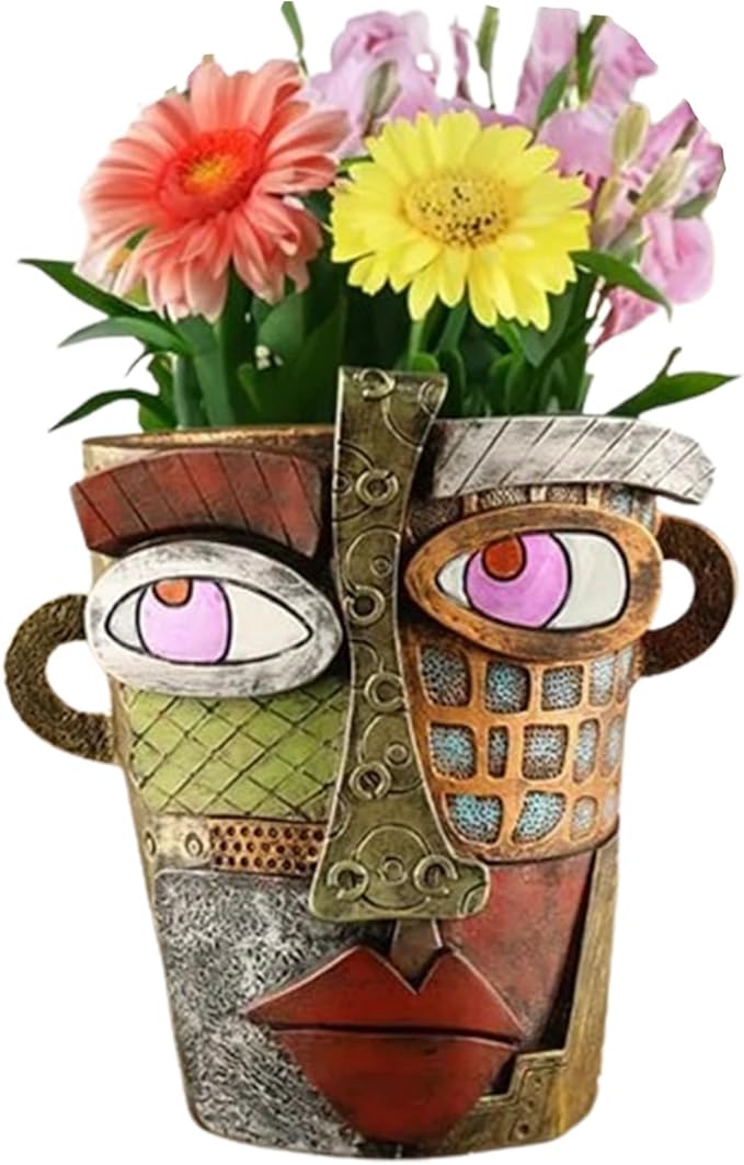 Unique Abstract Face Planters Pots Head,Picasso Brutalist Face Flower Pot Ornaments Head Planter Pots Colorful Art Abstract Resin Flower Pot for Indoor and Outdoor Plants Funny Room Decor(Retro Big)