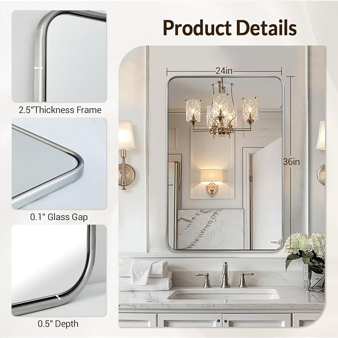 ANDY STAR Brushed Nickel Mirror, Stainless Steel Metal Frame 24x36 Inch Bathroom Mirror for Over Sink, Modern Rounded Corner Slim Silver Vanity Mirror for Wall Mounted Horizontally or Vertically