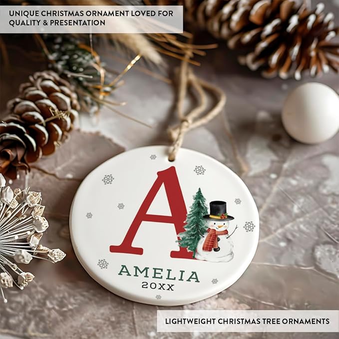 Andaz Press Personalized Christmas Ornament, Custom Name Initial A Monogram Snowman 2.8" Ceramic Porcelain 2025 Christmas Ornament For Kids Boys Girls 1-Pack Initial Ornaments Name Ornaments Christmas