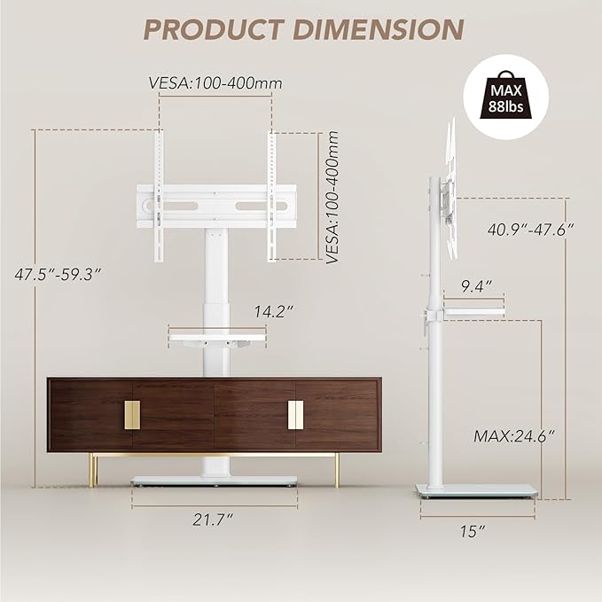 AX WABER Universal Floor TV Stand with Mount 70 Degree Swivel 9 Level Height Adjustable and Space Saving Design for Most 27 to 65 inch LCD, LED OLED TVs White