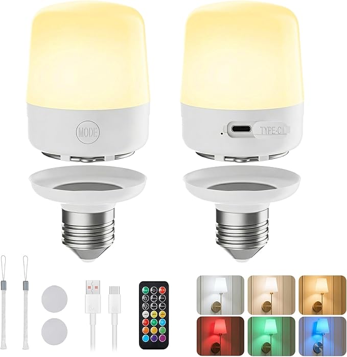 Minetom E26 Rechargeable Light Bulbs with Remote and Timer, Battery Backup Bulb with 12 Colors and Brightness Dimmable, 2300mAh 40W Equivalent LED Light Bulbs for Lamps Sconces Camping, 2 Pack