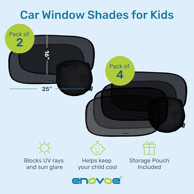Enovoe Car Window Shade for Baby - (2 Pack) UV Protection Breathable Mesh Baby Window Covers - Sun Shade Blocker, Cling Windows Cover - Glare Shield and UV Rays Protection for Your Child - XL 25"x16"