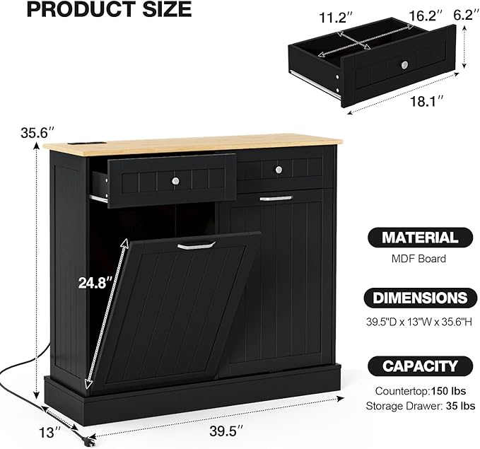 GAZHOME 20 Gallon Double Tilt Out Wooden Trash Cabinet with Charging Station, Upgrade Free Standing Recycling Cabinet with Outlet,Black