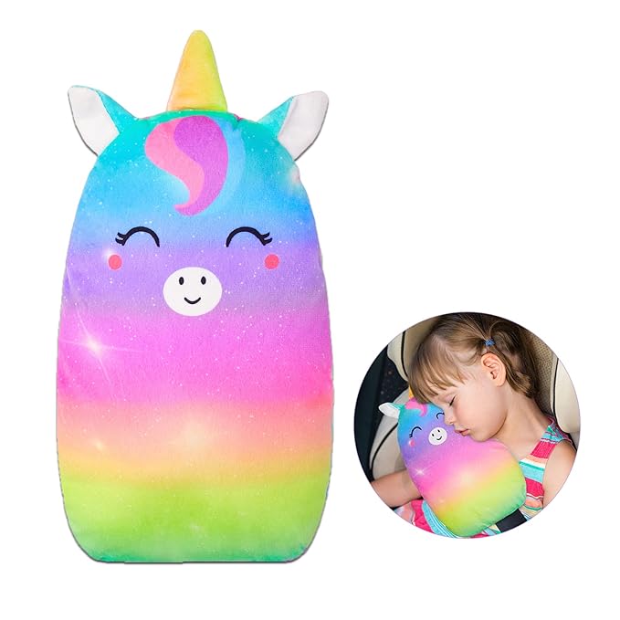 FIODAY Car Seat Belt Covers for Kids Unicorn Seat Belt Pillow Soft Seat Belt Cushion Adjust Seat Strap Pillow Head Neck Support for Children Boys Girls Travel, Rainbow