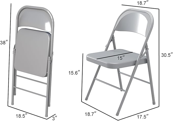 Metal Folding Chairs Steel Frame with Double Hinged for Office Kitchen Dinning Wedding Patio and Garden,No Assembly, Set of 4, Grey