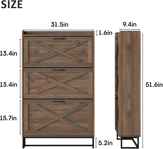 Maupvit Shoe Storage Cabinet with 3 Flip Drawers, Freestanding Organizer with Metal Legs for Entryway, Narrow Shoe Rack Cabinet, Dark Walnut