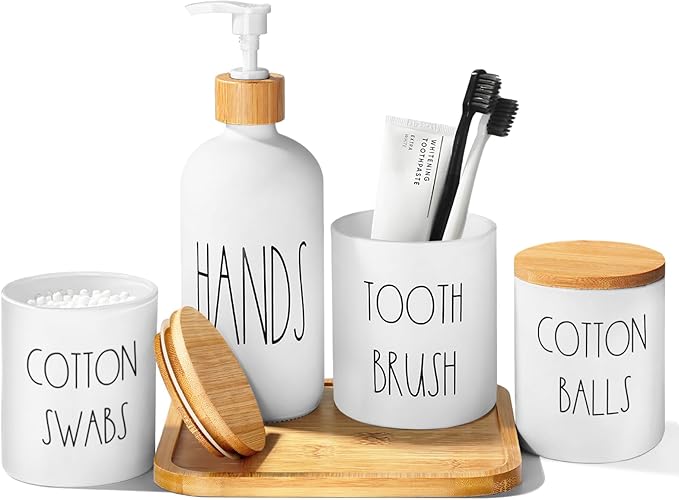 White Bathroom Accessories, 5 Pcs Glass Bathroom Accessory Set with Bamboo Tray, Soap Dispenser and Toothbrush Holder Set, Qtip and Cotton Ball Holder, Farmhouse Boho Bathroom Set Complete
