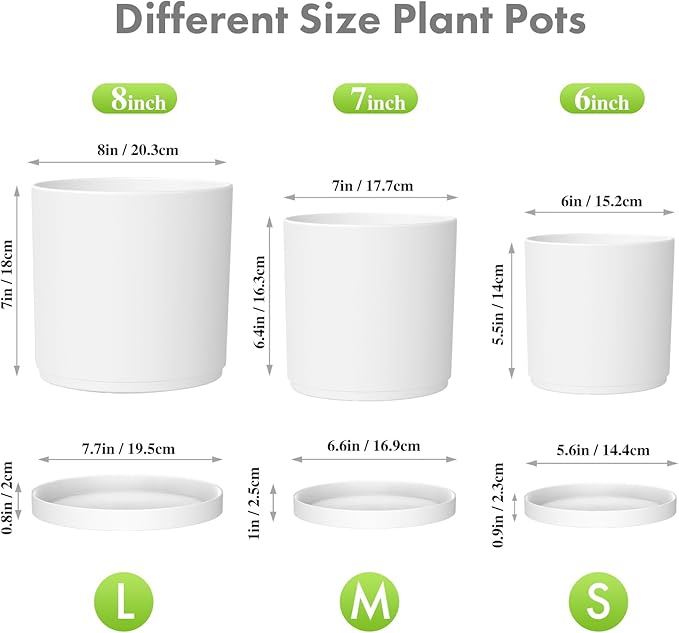 8/7/6 inch Plant Pots, Set of 3 Cylinder Flower Pots for Outdoor Indoor Plants, Decorative Plastic Planters with Drainage Holes and Saucers for Garden House Plants, White