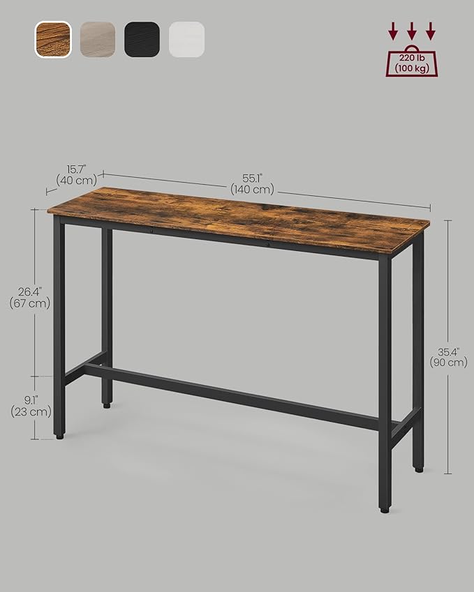 VASAGLE Bar Table, Narrow Long Kitchen Dining Table, Sturdy Metal Frame, Industrial, 15.7 x 55.1 x 35.4 Inches, Rustic Brown and Ink Black ULBT140B01