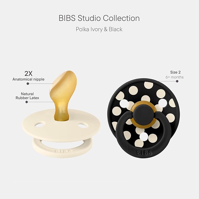 BIBS Polka Dots Pacifier 2-Pack, BPA Free Pacifiers with a Anatomical Latex Nipple, Made in Scandinavia, Size 2 (6-18 Months), Ivory/Black