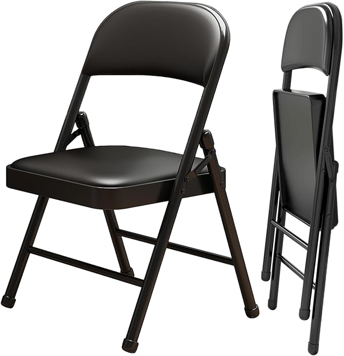 2 Pack Folding Chairs with Leather Padded Cushion and Back, Metal Black Foldable Chair for Indoor Outdoor, Commercial Stackable Guest Chairs for Office Events Wedding Party Kitchen Dining