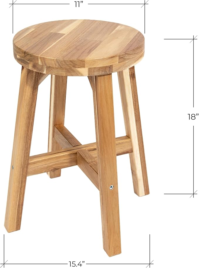 Round Stool Acacia Wood, 18" Height, 11'' Round Top, Backless, Easy Assembly, Natural Wax Finish, Wooden Stool for Plant, Dining Room, Kitchen Counter, Makeup