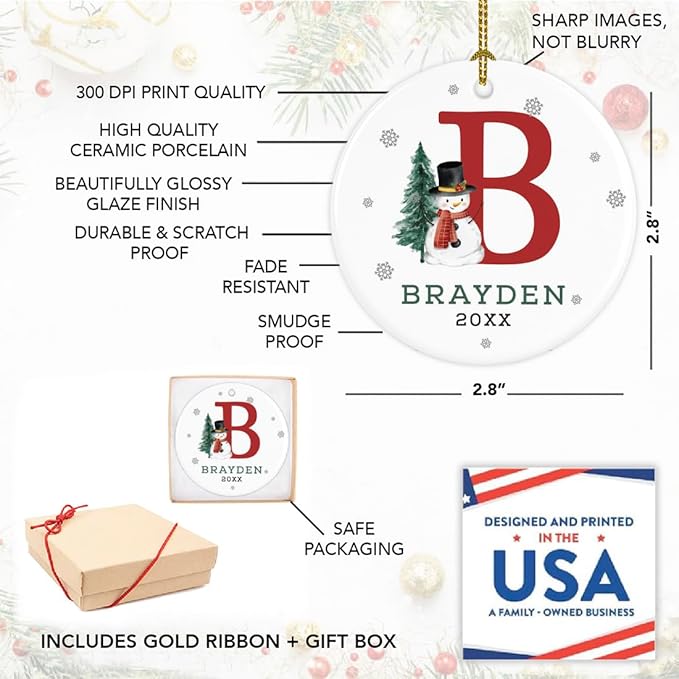 Andaz Press Personalized Christmas Ornament, Custom Name, Initial B Monogram Snowman 2.8" Ceramic Porcelain 2025 Christmas Ornament Keepsake for Kids, Boys, Girls, 1-Pack Initial Ornaments