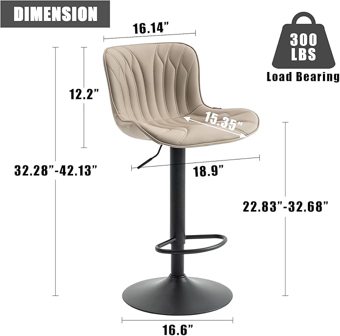 YOUNIKE Khaki Bar Stools Set of 2 Modern Swivel Counter Height Bar Chairs with Back Adjustable Kitchen Island Faux Leather Padded Tall Barstools Comfortable Upholstered Breakfast Stools