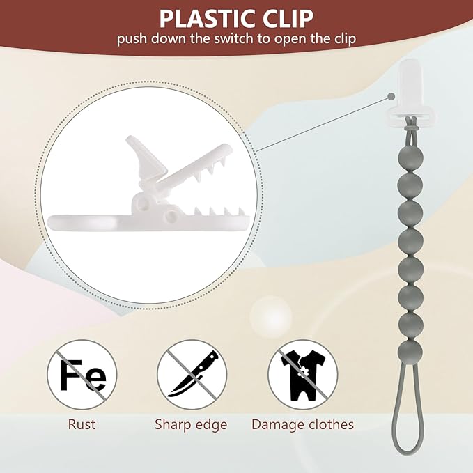 6-Pack Silicone Pacifier Clips for Babies, Safe Teething Beads, Rust-Free Holders, Baby Boy and Girl Essentials, Newborn Must-Have Accessories, BPA-Free