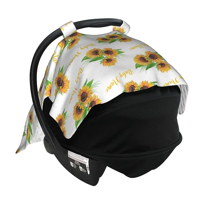 Personalized Sunflower Baby Car Seat Canopy for Babies with Name, Custom Car Seat Covers Boys Girls, Peekaboo Opening Minky Nursing Breastfeeding Cover Infant Car Seat Canopies for Newborn