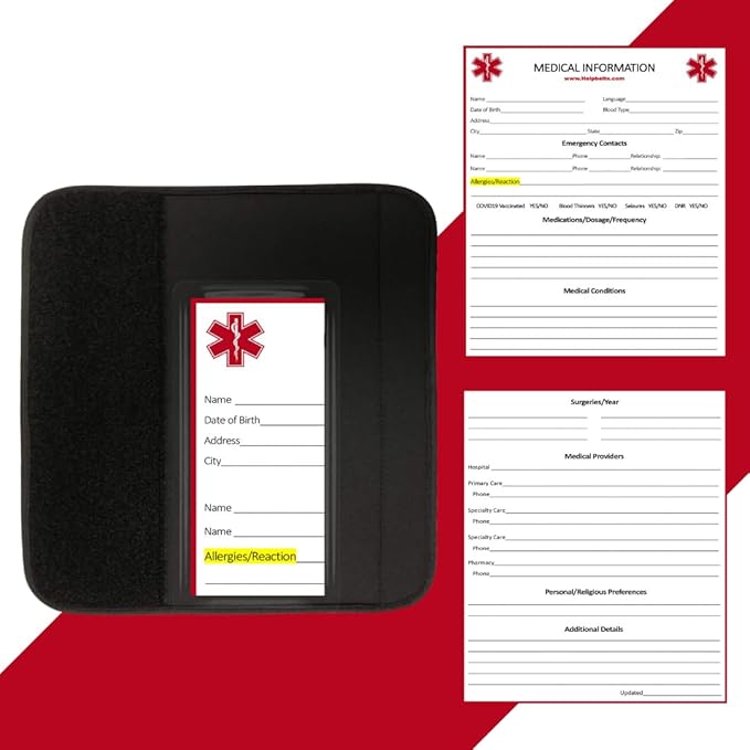 Any/Multiple Condition Medical Alert Seatbelt Cover for Children in Car Seats (6”) Featuring an Emergency Information Form and Pocket by Help Belts. (Red/White)