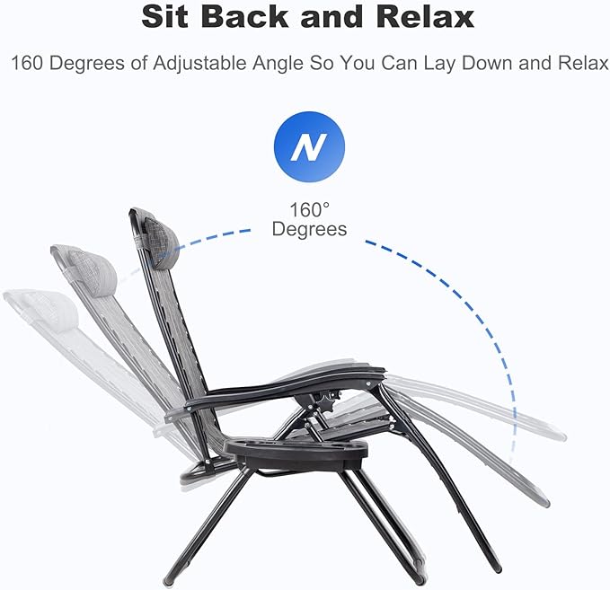 Nazhura Set of 2 Relaxing Recliners Patio Chairs Adjustable Steel Mesh Zero Gravity Lounge Chair Beach Chairs with Pillow and Cup Holder(Grey)