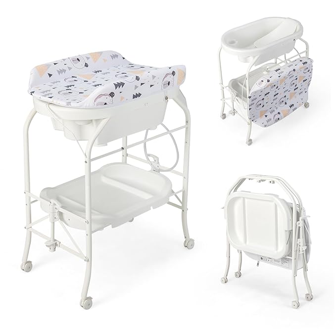 HONEY JOY 2-in-1 Baby Bathtub & Changing Table, Foldable Infant Diaper Changing Station with Wheels, Storage Tray, Waterproof Pad, Portable Newborn Nursery Organizer Bath Stand for Boys Girls (White)