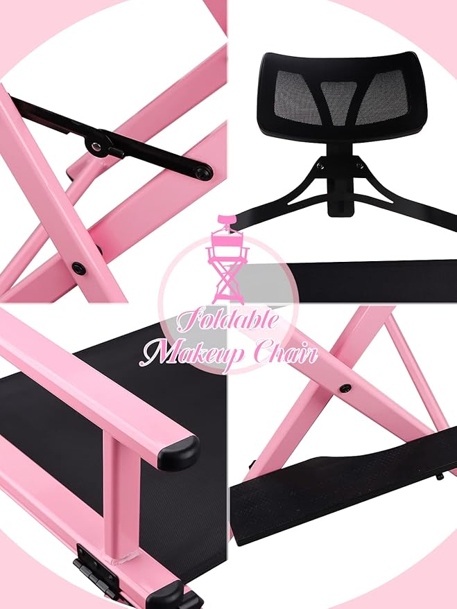 Lorvain Folable Makeup Artist Stool Chair, Protable Tall Folding Directors Chair, Aluminum Makeup Chair with Head Rest for Studio Salon Vanity, Bar Height - Pink Chair