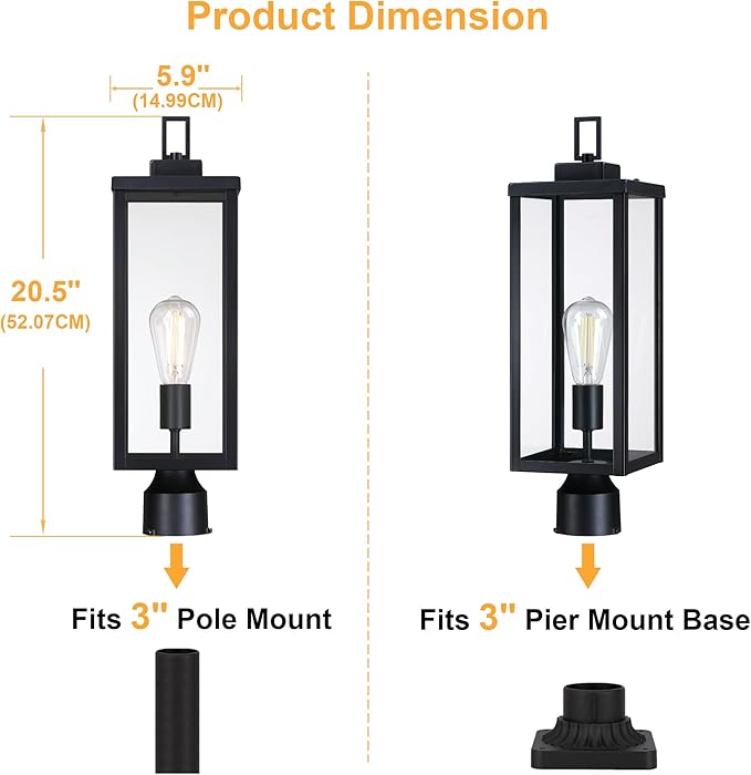 GRUENLICH Outdoor Lamp Post Light Fixtures, Exterior Pole Lantern with Tempered Glass, 20.5 Inch Fence Post Lighting for Garden Yard Pathway, Black, 2 Pack