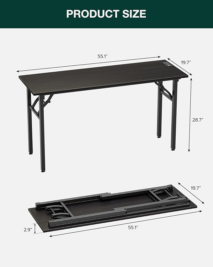 Frylr Small Folding Computer Desk – 55.1 Inch Portable Table for Craft and Study, Lightweight Desk for Small Spaces, Foldable Laptop Table Built-in AC/USB Outlets for Convenience, Charcoal Wenge