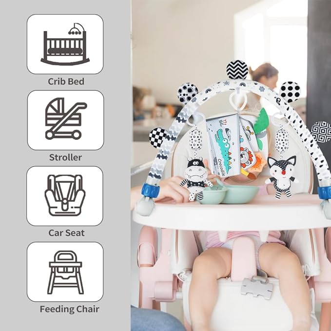 Baby Activity Travel Mobile Arch Bassinet Toy, Black and White High-Contrast Bouncer Toy bar, Crib Toys with Hanging Animals, Stroller Attachment(Farm)