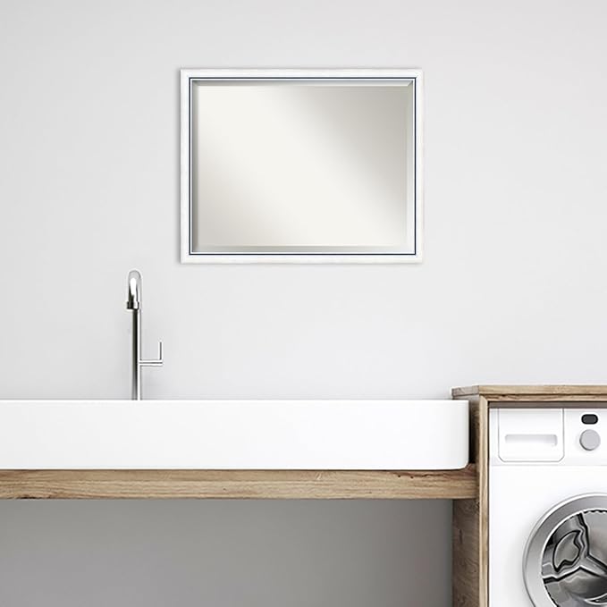 Amanti Art White Bathroom Mirror for Over Sink, 24x30 Morgan White Blue Rectangle Vanity Mirror, Large Modern Contemporary Wood Frame, Hangs Horizonally and Vertically, Bathroom Wall Decor, Beveled