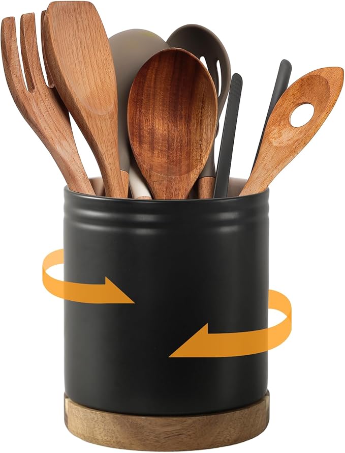 DOWAN 7.6" 360° Rotating Utensil Holder, Kitchen Utensil Holder for Countertop, Ceramic Utensil Crock, Large Cooking Utensil Caddy for Kitchen Counter, Protection Cork Bottom, Black