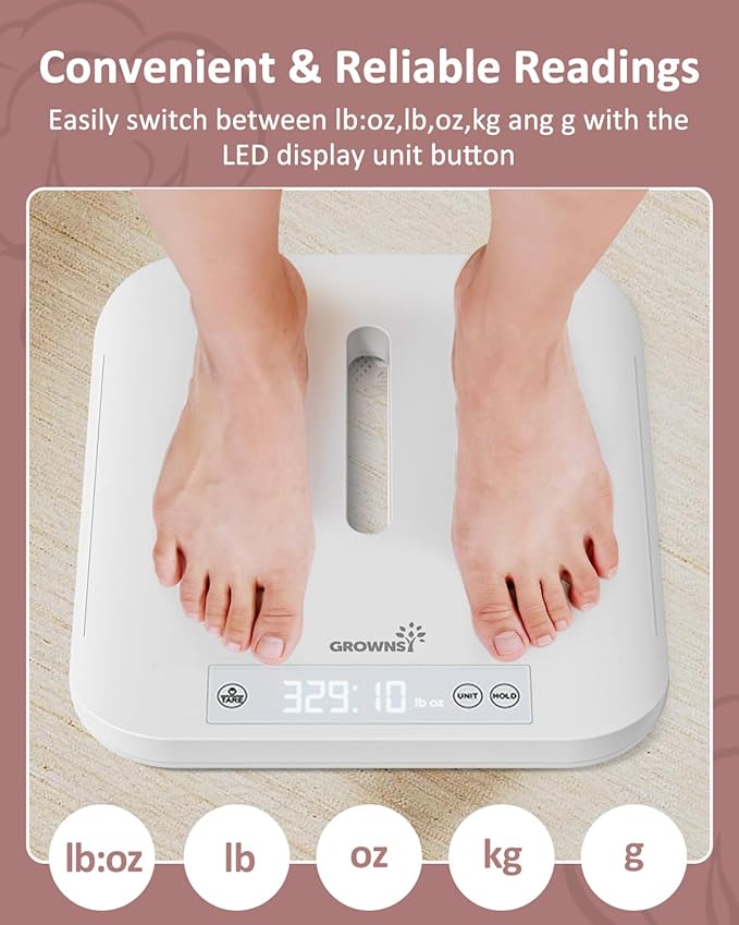 GROWNSY Smart Baby/Pet Scale,Digital Baby Weight Scale with App for Tracking Growth of Infant, Toddler,Puppy,and Cat—Supports Up to 330 lbs, with Hold Function, 27-inch Height Measurement,5 Units